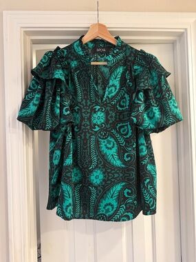 fab'rik Black and Kelly green Paisley Ruffle Sleeve Blouse